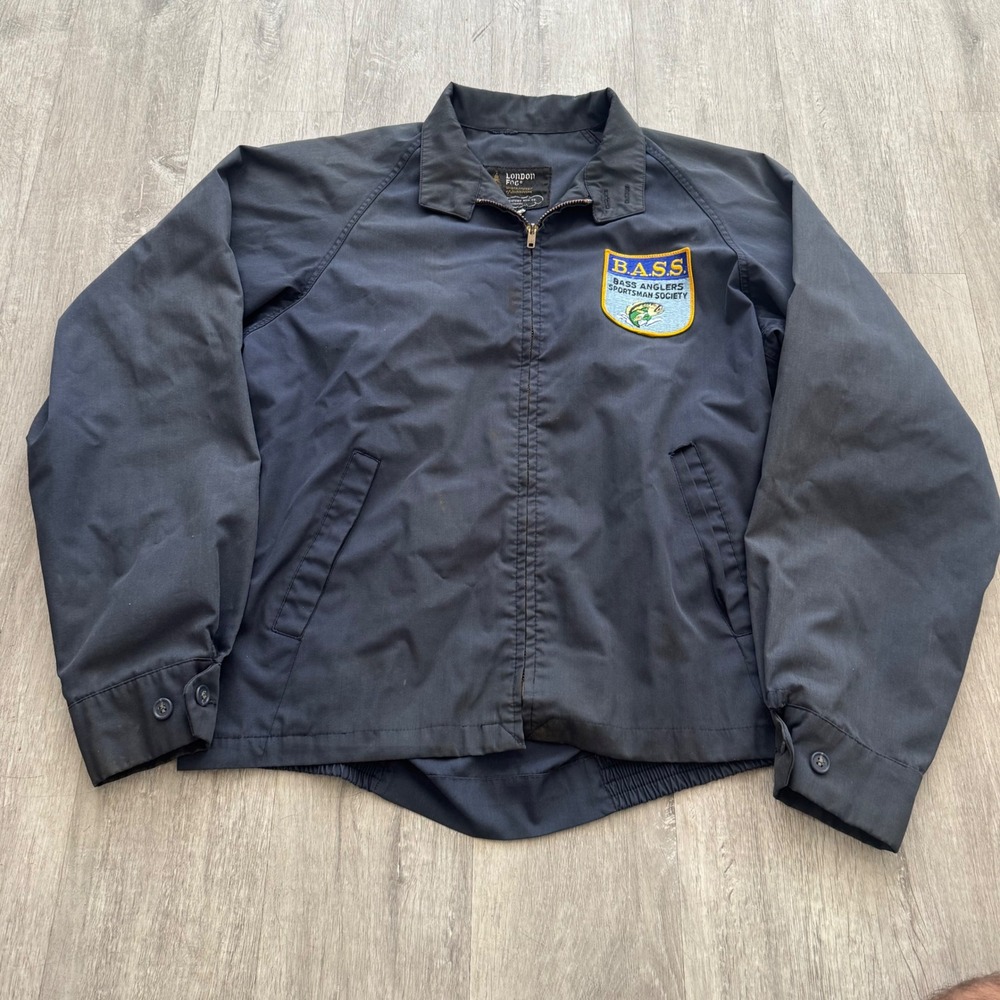 Vintage London Fog BASS Fishing Patch Jacket Navy Blue Zip Up Mens 38 Long